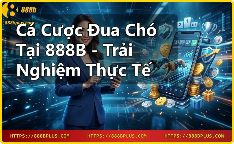 Chó đua số 7 trên vạch xuất phát với sân vận động và bảng tỷ lệ cược neon.
