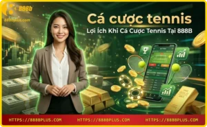 Tay vợt tennis với đồng xu vàng phát sáng - minh họa lợi ích cá cược tennis 888B