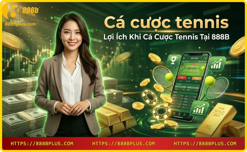 Tay vợt tennis với đồng xu vàng phát sáng - minh họa lợi ích cá cược tennis 888B